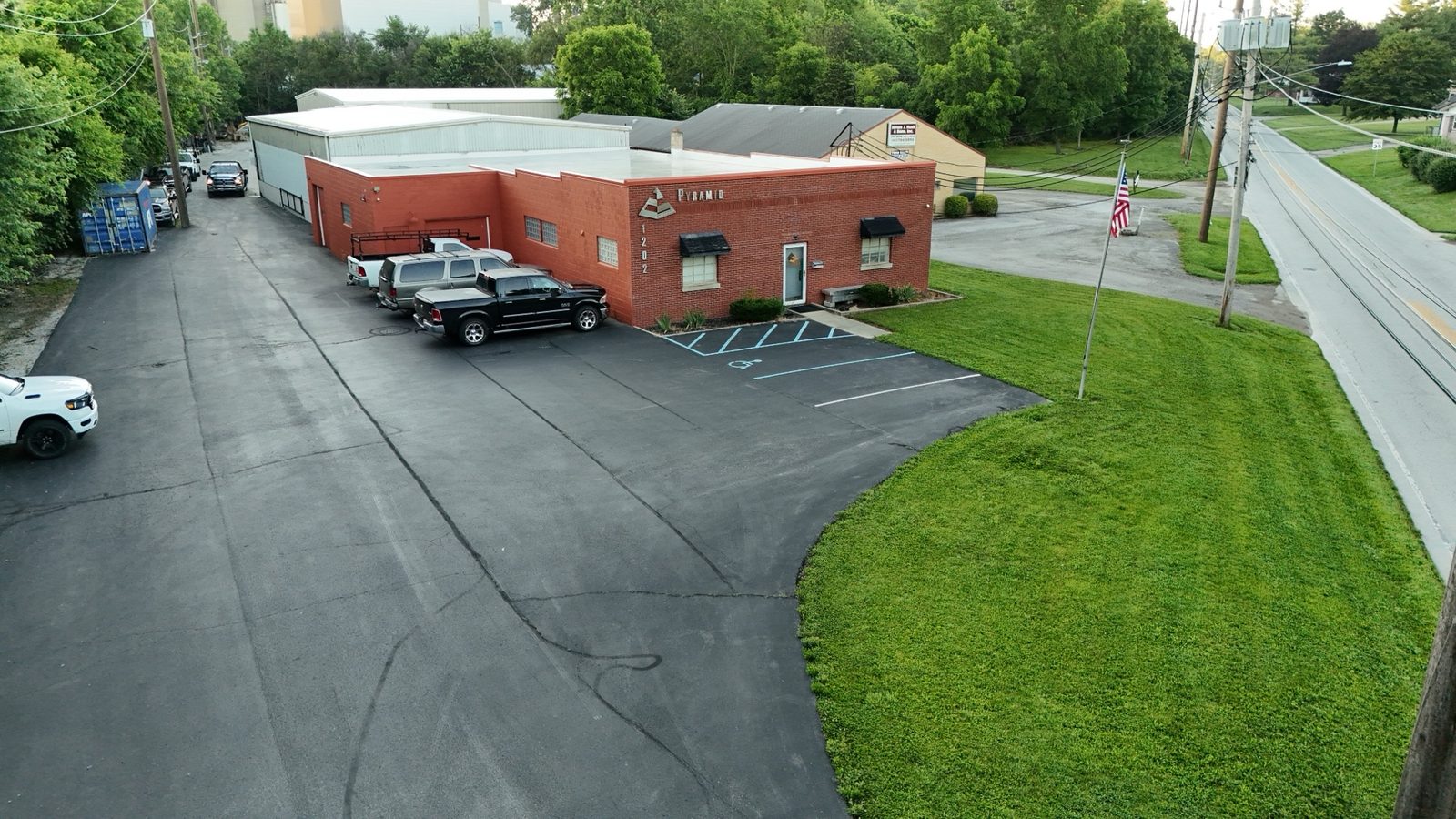 Aerial view of Pyramid Design & Construction's headquarters building and shop in Beech Grove, Indiana