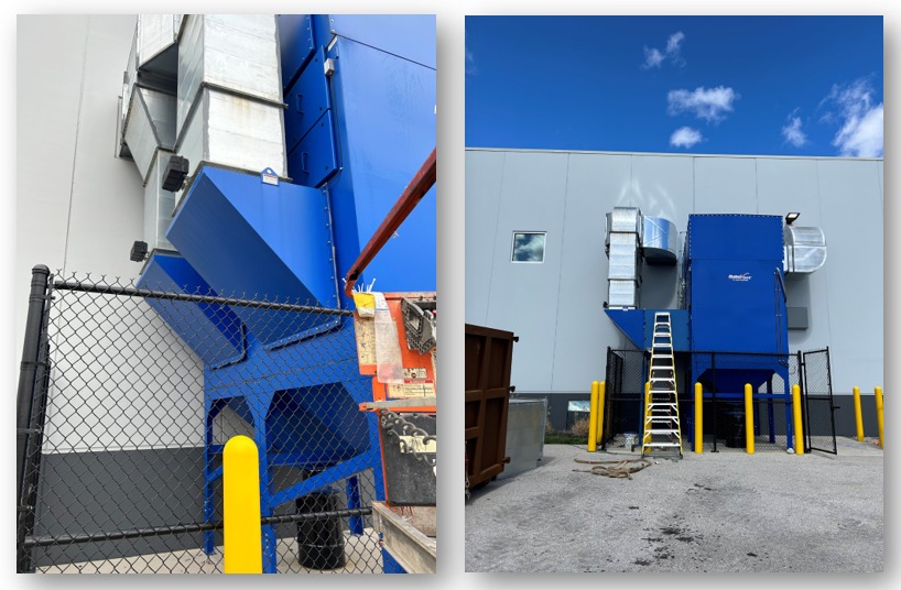 Before-and-after of a dust collector duct unit, retrofitted with a safety ladder and fenced access platform